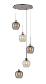DK1387  Lori 45cm Round Pendant, 5 Light Adjustable E27, Satin Nickel/Clear/Smoke Wine Shades
